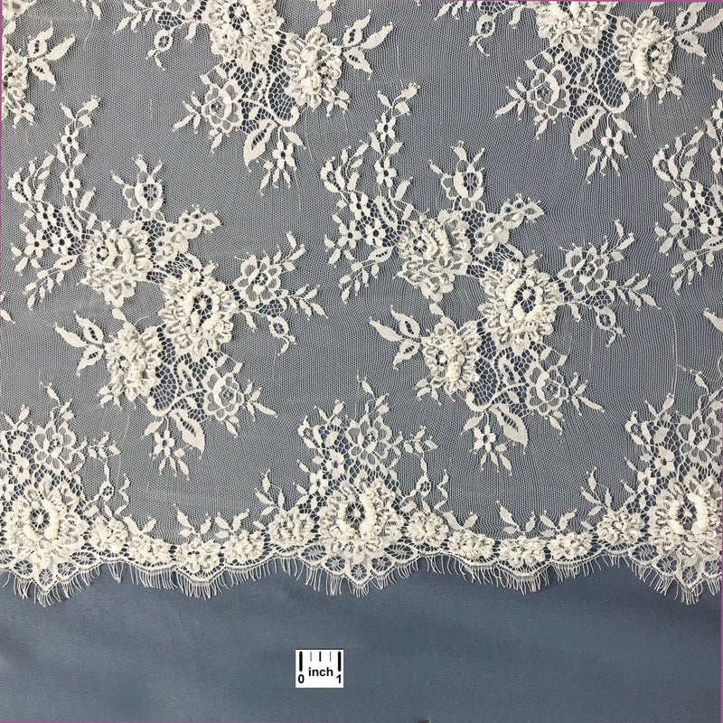 Beaded Chantilly Embroidered Lace Fabric with Eyelash Scallop | Lace USA - 68139W-BP