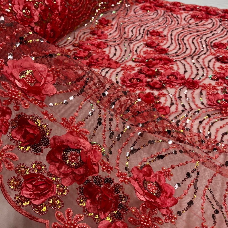 Beaded and Sequined 3D Floral Sparkling Lace Fabric Embroidered on 100% Polyester Net Mesh | Spandex Palace- GD-2212