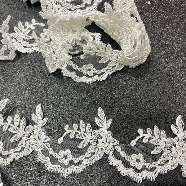 Corded Lace Trimming Embroidered on 100% Polyester Net Mesh | Spandex Palace - 96665W/1