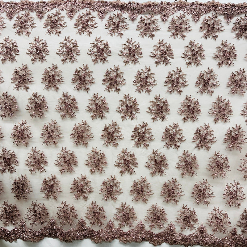 Beaded 3D Floral Lace Fabric Embroidered on 100% Polyester Net Mesh | Spandex Palace