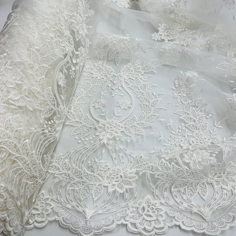 Corded Bridal Lace Fabric Embroidered on 100% Polyester Net Mesh | Lace USA - 97163W