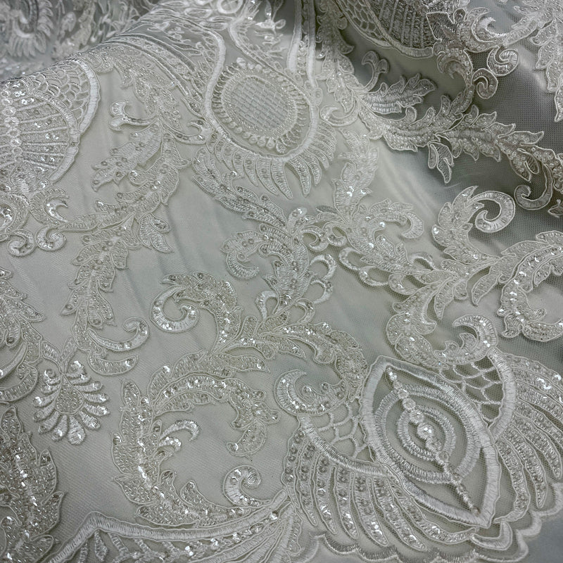 Beaded & Corded Bridal Lace Fabric Embroidered on 100% Polyester Net Mesh | 