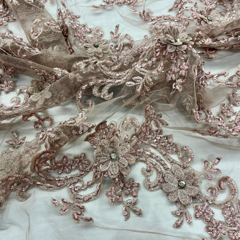 Beaded 3D Floral Lace Fabric Embroidered on 100% Polyester Net Mesh | Spandex Palace- GD-2302