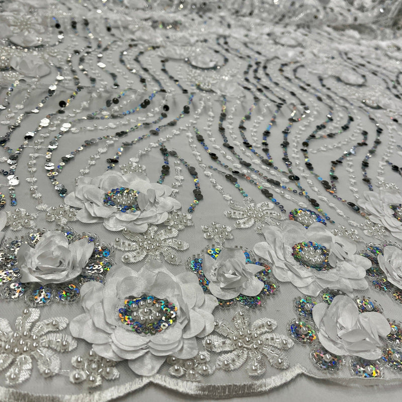 Beaded and Sequined 3D Floral Sparkling Lace Fabric Embroidered on 100% Polyester Net Mesh | Spandex Palace- GD-2212