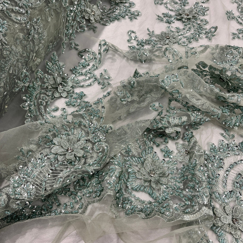 Beaded 3D Floral Lace Fabric Embroidered on 100% Polyester Net Mesh | Spandex Palace- GD-2302