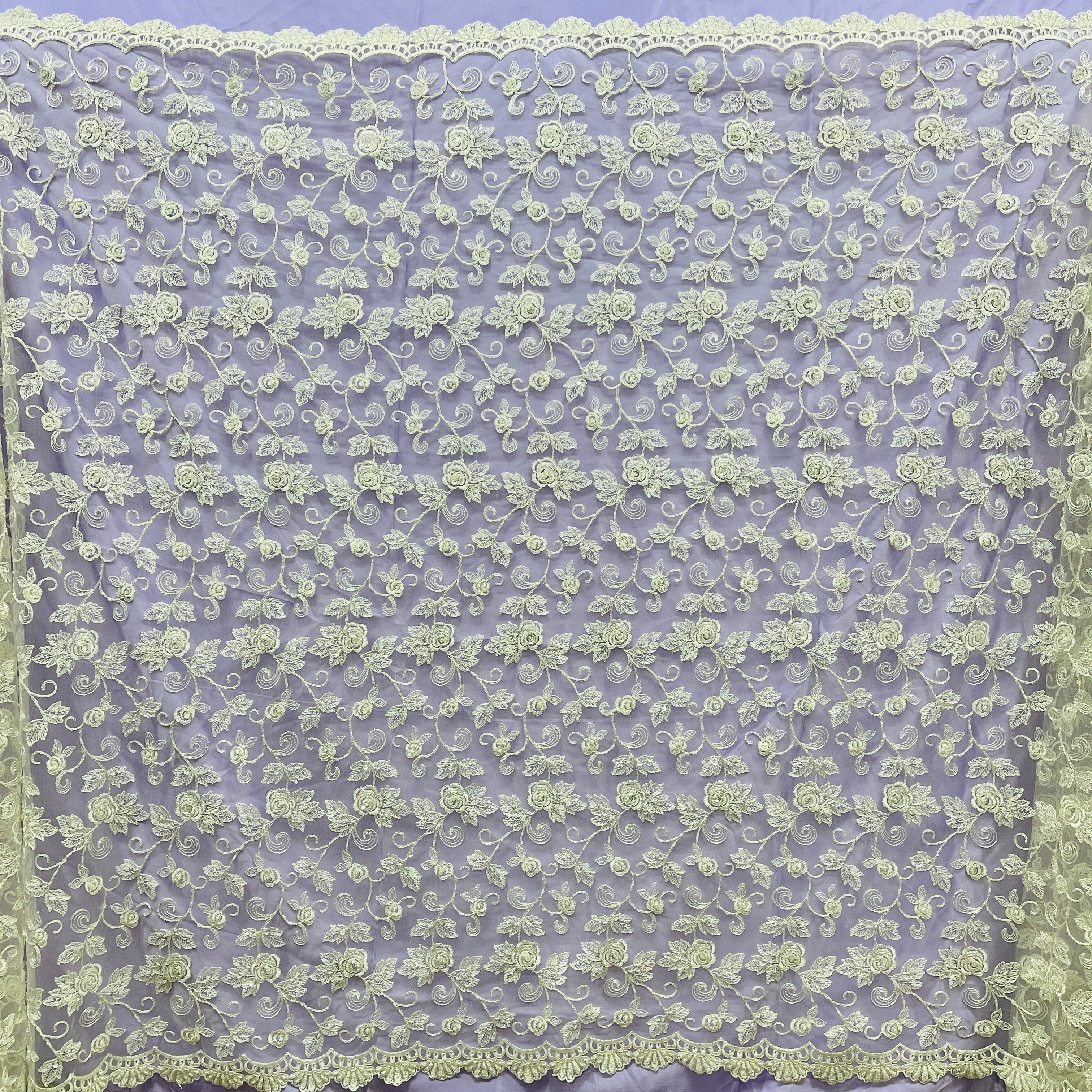 Beaded & Corded Bridal Lace Fabric Embroidered on 100% Polyester Net Mesh | Spandex palace- 95042W-BP