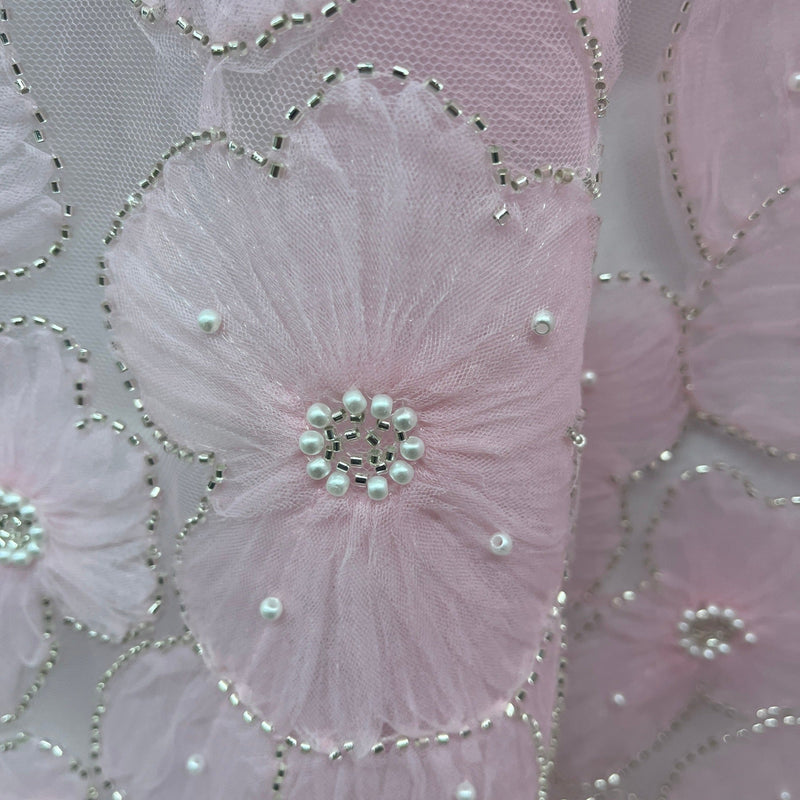 Beaded 3D Floral Lace Fabric Embroidered on 100% Polyester Net Mesh | Spandex Palace - GD-216