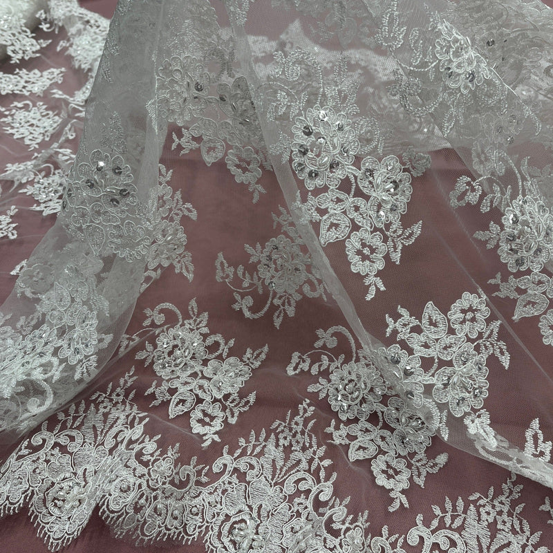 Beaded Lace Fabric Embroidered on 100% Polyester Net Mesh | Lace USA - 96682W-BP