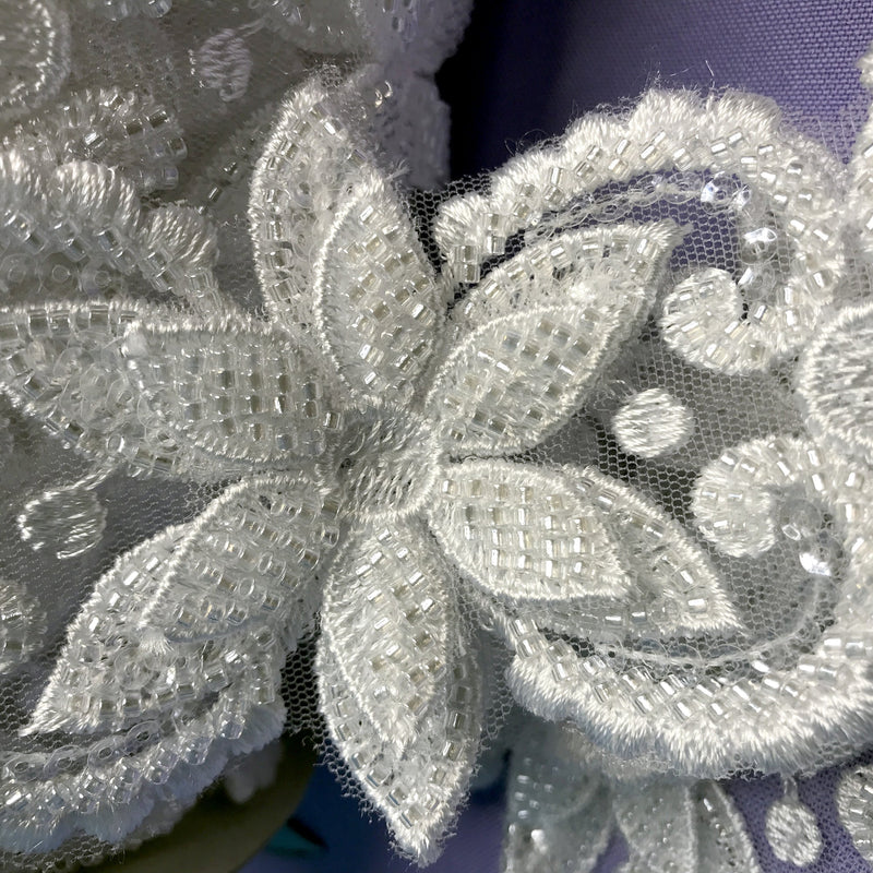 Beaded 3D Floral Lace Trimming Embroidered on 100% Polyester Net Mesh | Lace USA - 73038W-HB