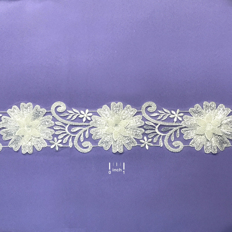 Beaded 3D Floral Lace Trimming Embroidered on 100% Polyester Net Mesh | Lace USA - 73040W-HB