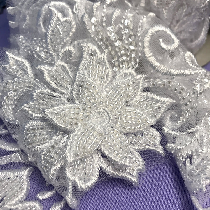 Beaded 3D Floral Lace Trimming Embroidered on 100% Polyester Net Mesh | Lace USA - 73041W-HB