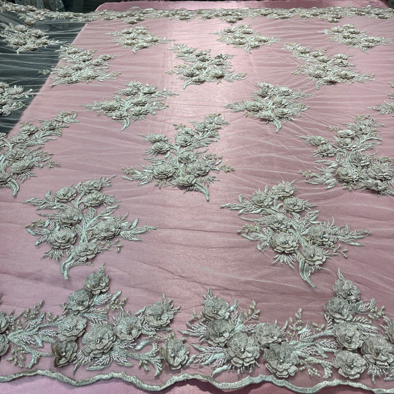 Beaded 3D Floral Lace Fabric Embroidered on 100% Polyester Net Mesh | Spandex Palace - GD-265