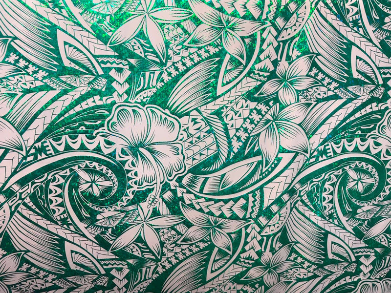 Hibiscus Plumeria Polynesian Tattoo Polyester Foil Fabric | Islands Fabric