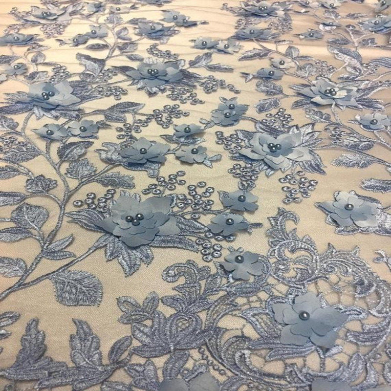 Baby Blue 3D Embroidered Satin Floral Pearl Lace Fabric