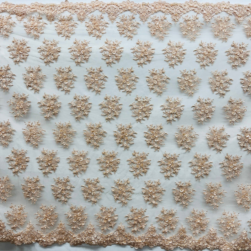 Beaded 3D Floral Lace Fabric Embroidered on 100% Polyester Net Mesh | Lace USA - GD-361