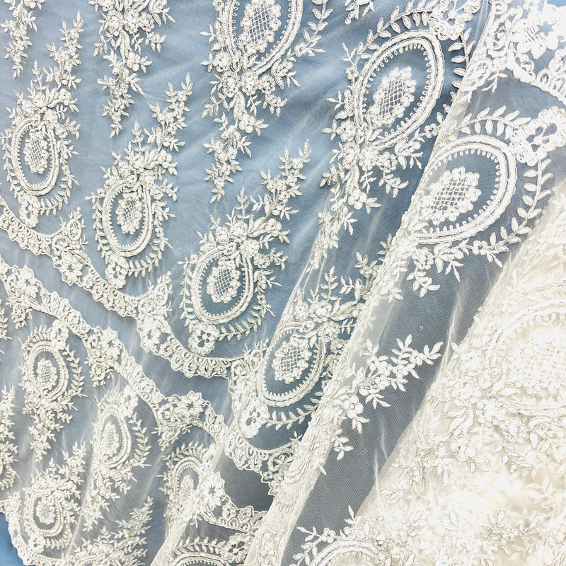 Beaded & Corded Lace Fabric Embroidered on 100% Polyester Net Mesh | Spandex Palace - 97055W-BPB