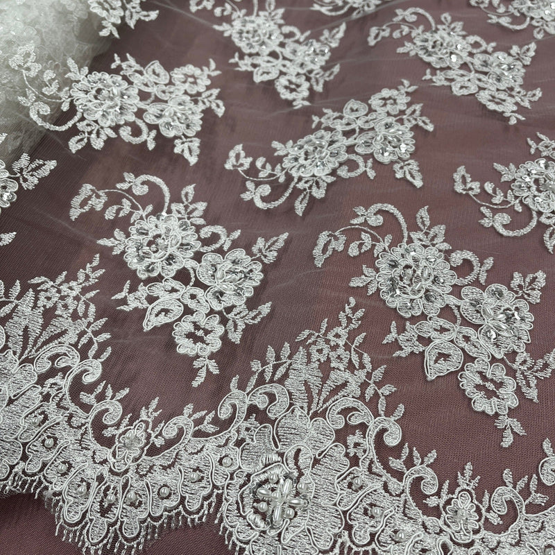 Beaded Lace Fabric Embroidered on 100% Polyester Net Mesh | Lace USA - 96682W-BP