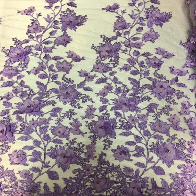 3D Embroidered Satin Floral Pearl Lace Fabric