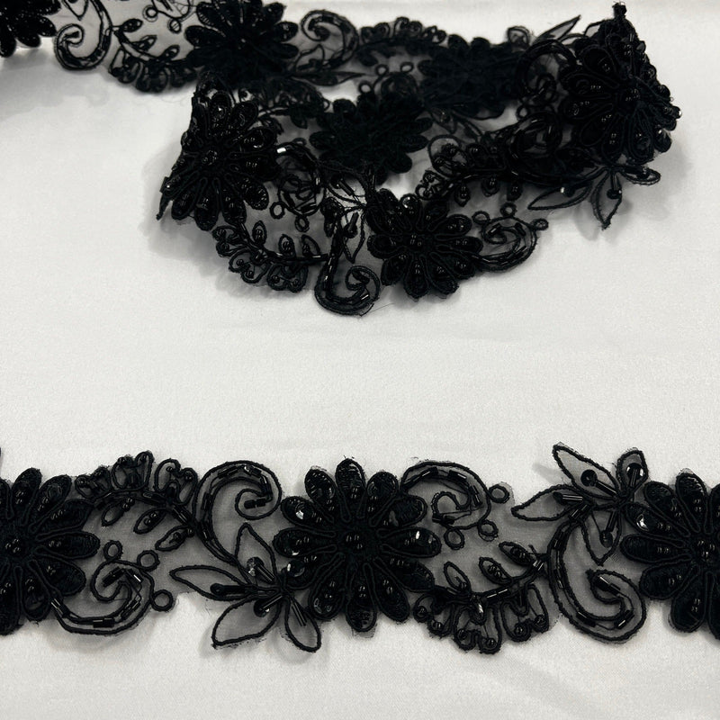 Beaded & Corded Lace Trimming Embroidered on 100% Polyester Organza  | Spandex Palace