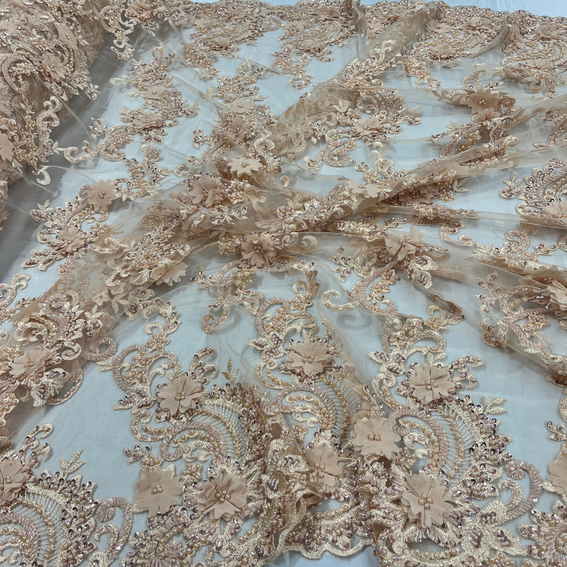 3D Beaded Floral Lace Fabric Embroidered on 100% Polyester Net Mesh | Spandex Palace