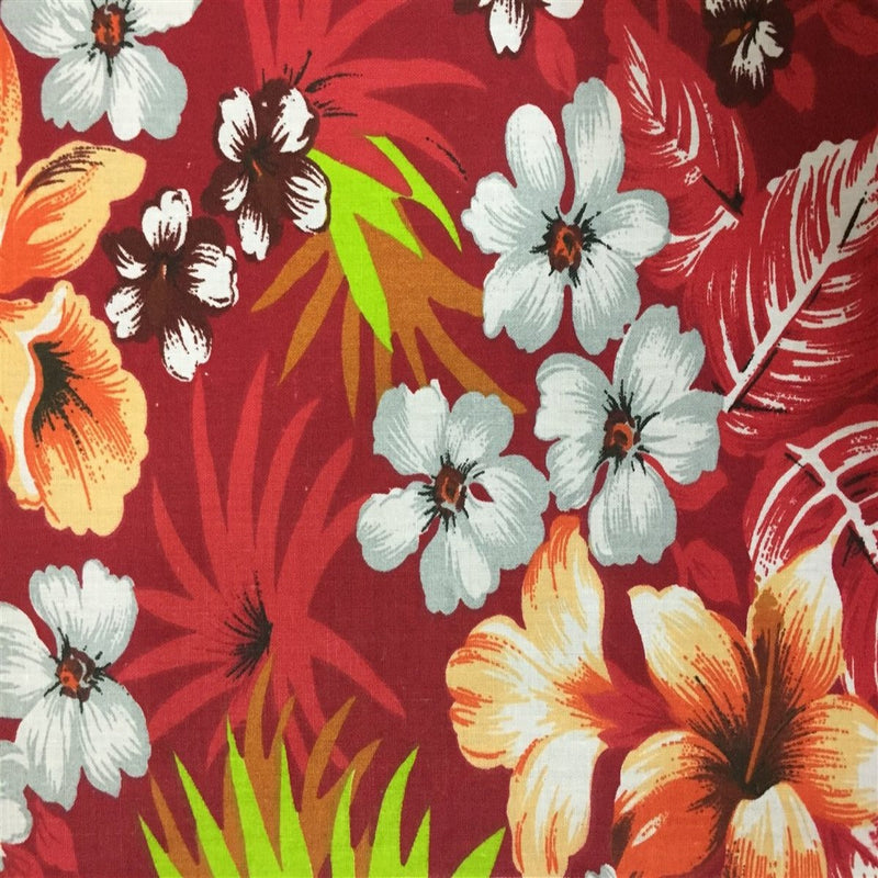 Red Hawaiian Print Poly Cotton Fabric