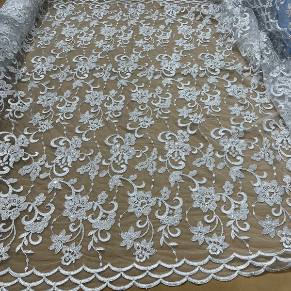 Beaded & Corded Bridal Lace Fabric Embroidered on 100% Polyester Net Mesh | Lace USA - 96297W-BP