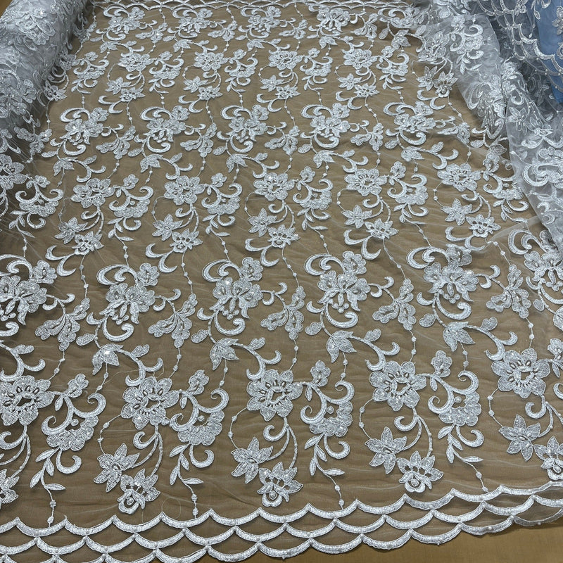 Beaded & Corded Bridal Lace Fabric Embroidered on 100% Polyester Net Mesh | Lace USA - 96297W-BP