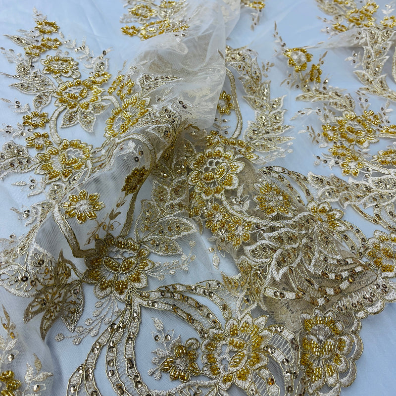 Beaded & Corded Bridal Lace Fabric Embroidered on 100% Polyester Net Mesh | Lace USA - GD-55619