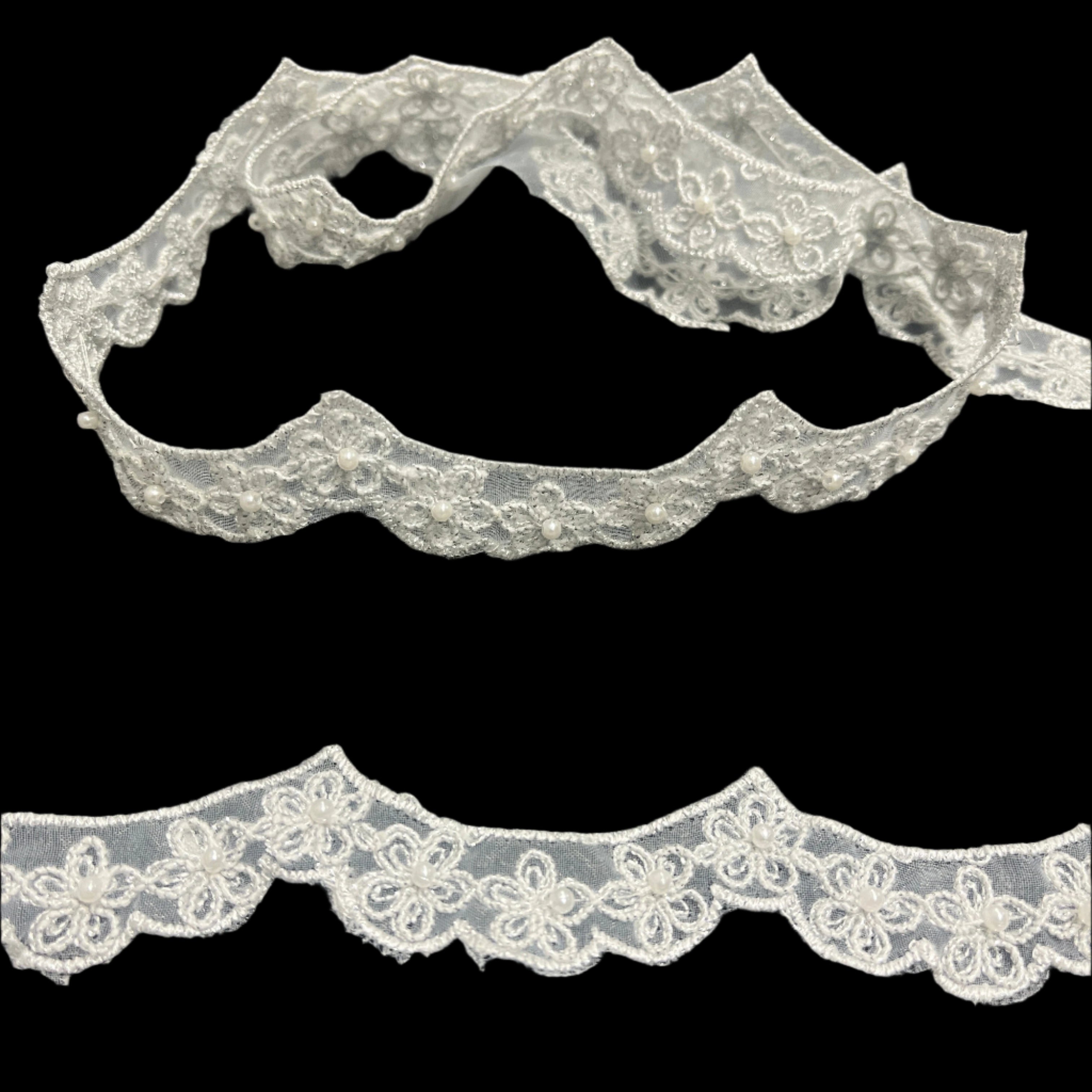 Beaded & Corded Lace Trimming Embroidered on 100% Polyester Net Mesh | Spandex Palace- 96758N-BP