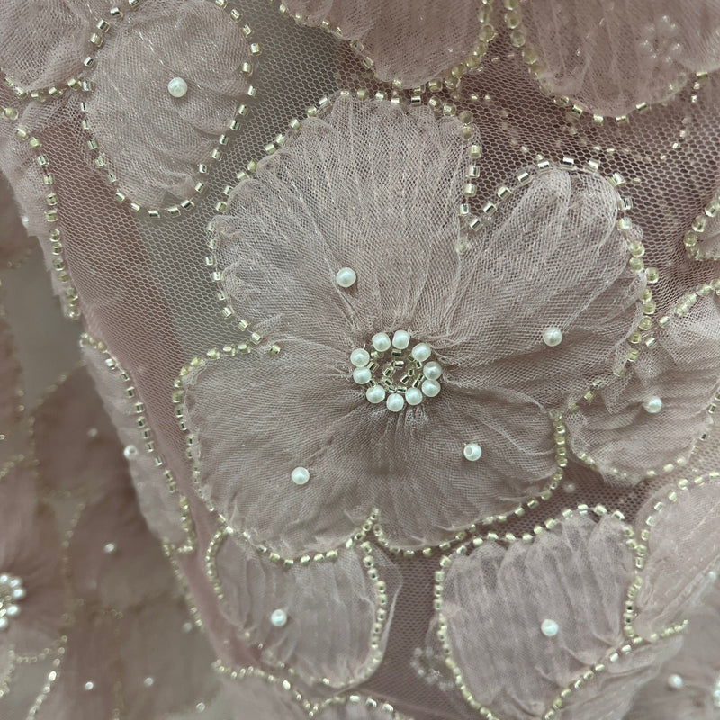 Beaded 3D Floral Lace Fabric Embroidered on 100% Polyester Net Mesh | Spandex Palace - GD-216