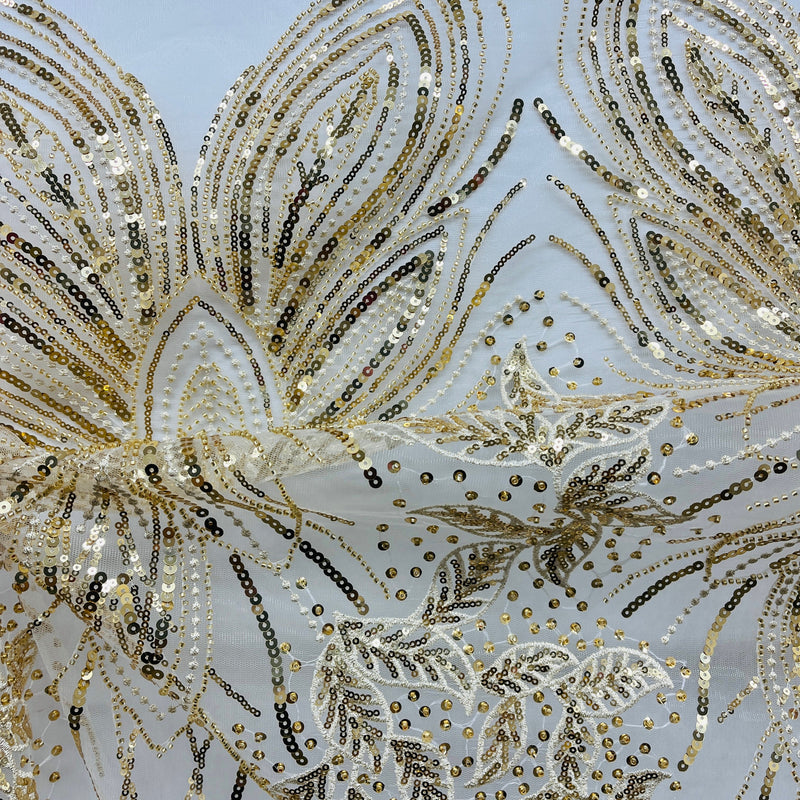 Beaded & Sequined Lace Fabric Embroidered on 100% Polyester Net Mesh | Spandex Palace - GD-2918