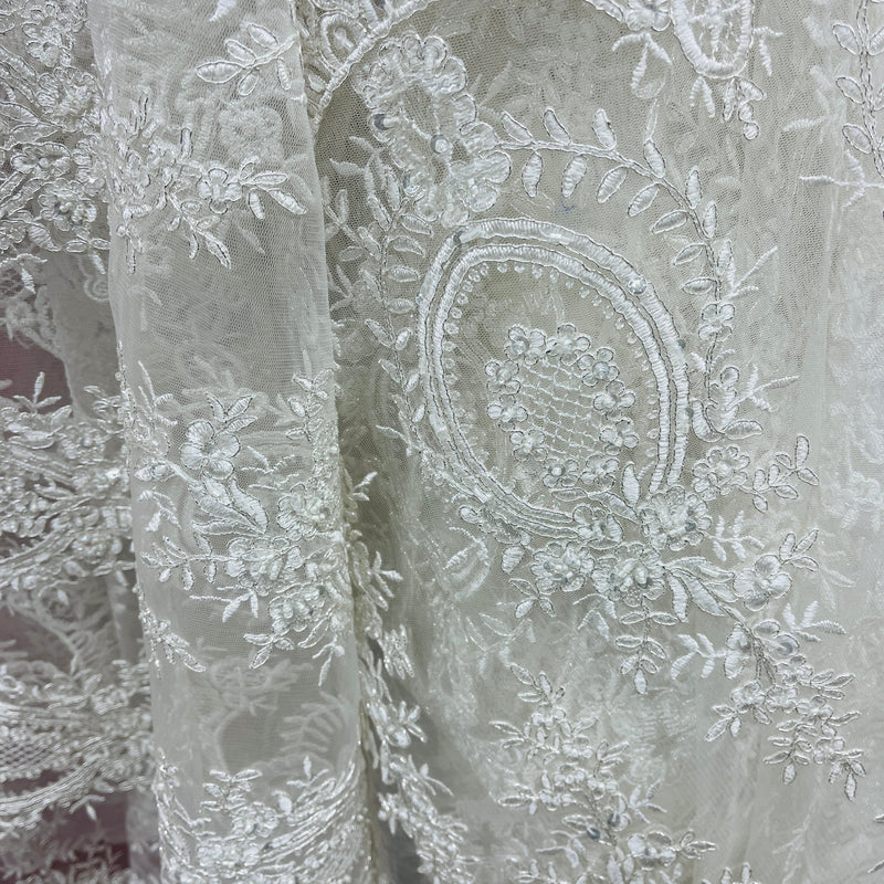 Beaded & Corded Lace Fabric Embroidered on 100% Polyester Net Mesh | Spandex Palace - 97055W-BPB