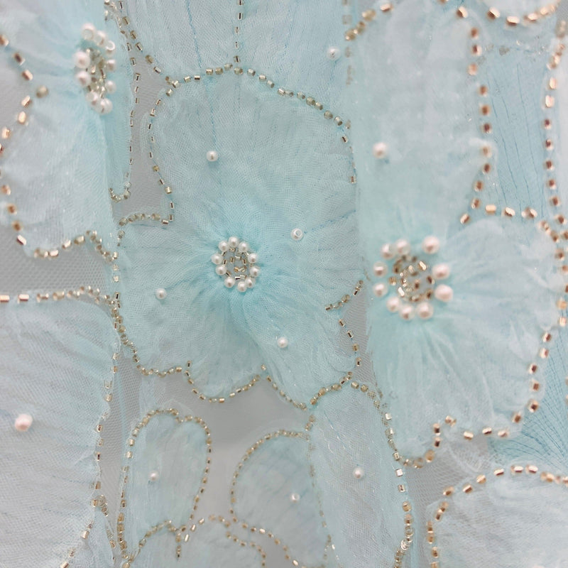 Beaded 3D Floral Lace Fabric Embroidered on 100% Polyester Net Mesh | Spandex Palace - GD-216