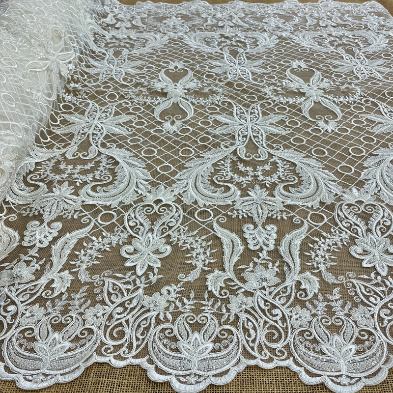 Beaded & Corded Bridal Lace Fabric Embroidered on 100% Polyester Net Mesh | Lace USA - GD-56024