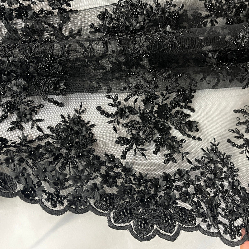 Beaded 3D Floral Lace Fabric Embroidered on 100% Polyester Net Mesh | Lace USA - GD-361