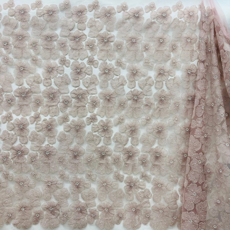 Beaded 3D Floral Lace Fabric Embroidered on 100% Polyester Net Mesh | Spandex Palace - GD-216