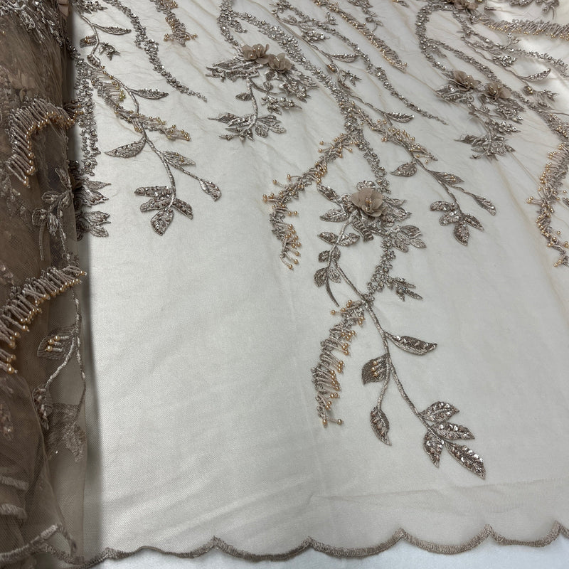 Beaded 3D Floral Lace Fabric Embroidered on 100% Polyester Net Mesh | Lace USA - GD-302