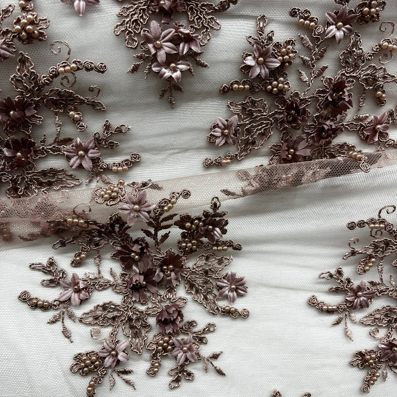 Beaded 3D Floral Lace Fabric Embroidered on 100% Polyester Net Mesh | Spandex Palace