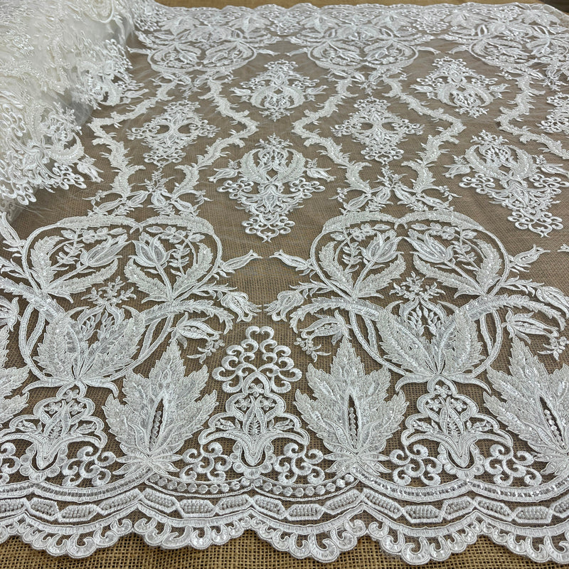 Beaded & Corded Bridal Lace Fabric Embroidered on 100% Polyester Net Mesh | Lace USA - GD-56425