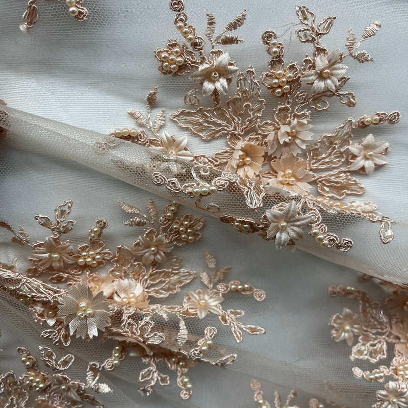 Beaded 3D Floral Lace Fabric Embroidered on 100% Polyester Net Mesh | Spandex Palace