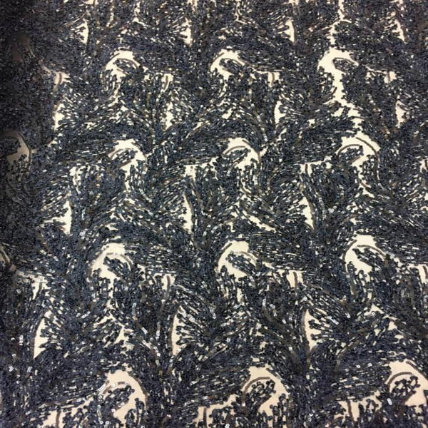 Navy Blue Cozy Pop Thread Floral Sequins Lace Fabric