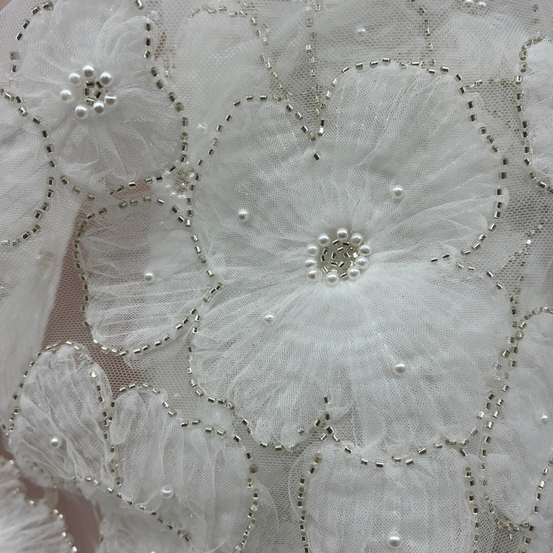 Beaded 3D Floral Lace Fabric Embroidered on 100% Polyester Net Mesh | Spandex Palace - GD-216