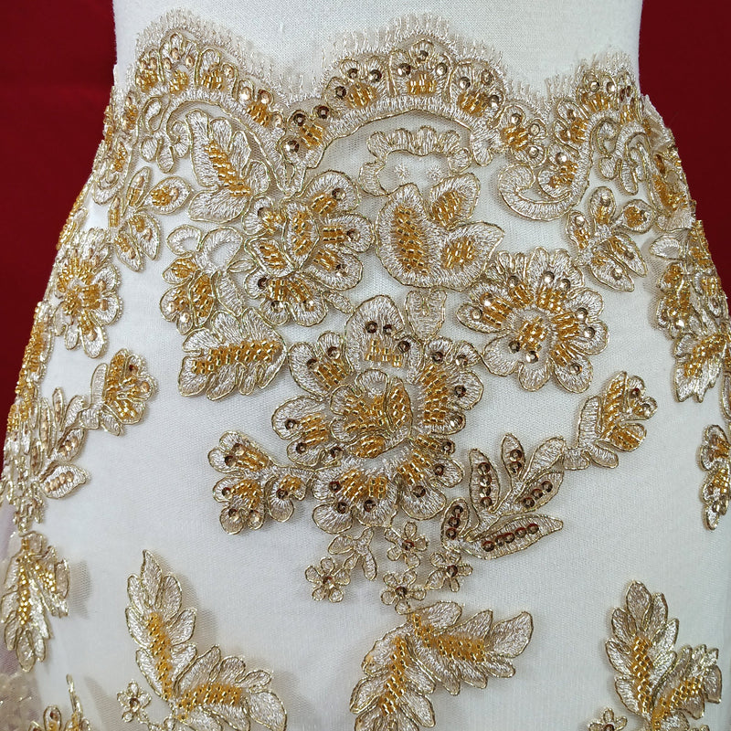 Beaded & Corded Bridal Lace Fabric Embroidered on 100% Polyester Net Mesh | Lace USA - 95409W-HB