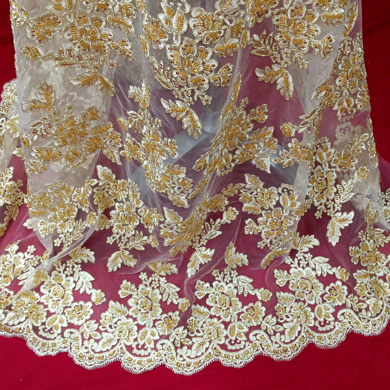 Beaded & Corded Bridal Lace Fabric Embroidered on 100% Polyester Net Mesh | Lace USA - 95409W-HB