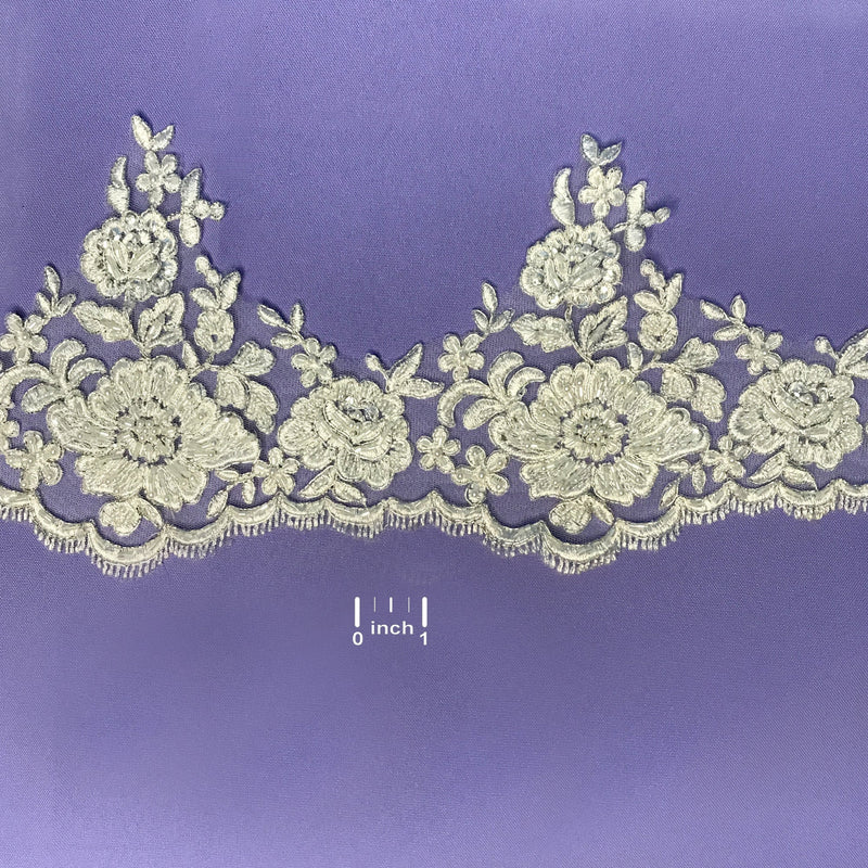 Beaded & Corded Floral Lace Trimming Embroidered on 100% Polyester Net Mesh | Lace USA - 96439W-BP