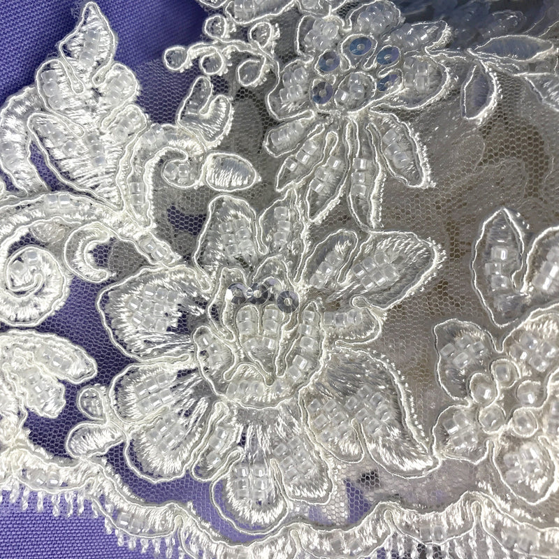 Beaded & Corded Floral Lace Trimming Embroidered on 100% Polyester Net Mesh | Lace USA - 96441W-HB