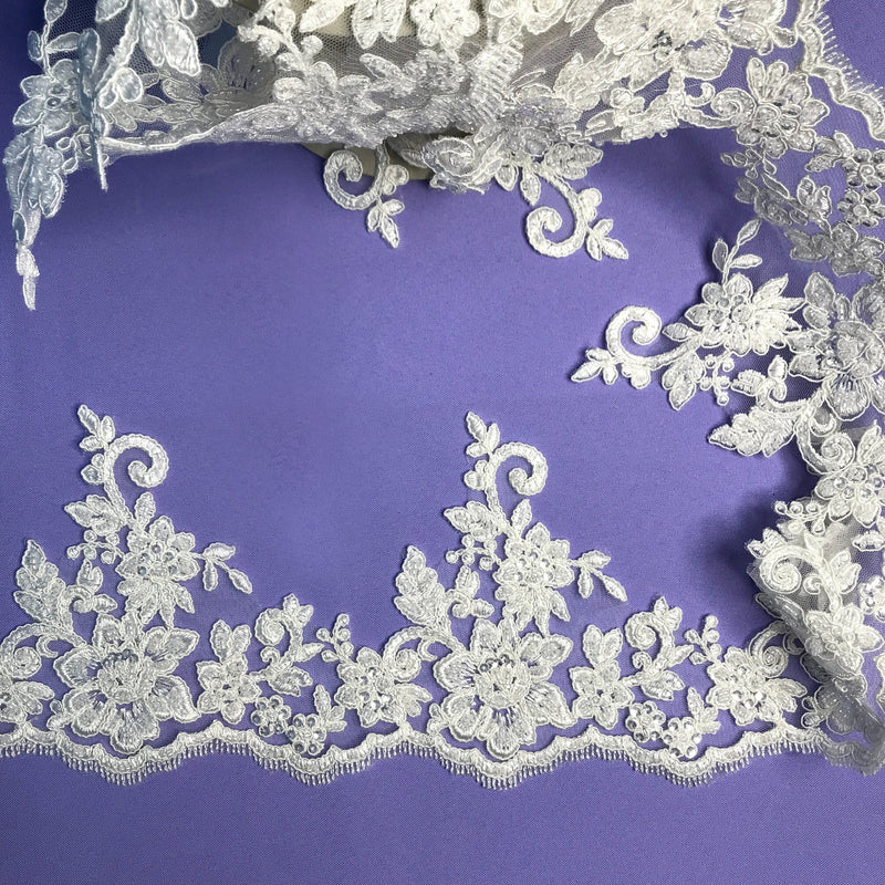 Beaded & Corded Floral Lace Trimming Embroidered on 100% Polyester Net Mesh | Lace USA - 96441W-HB