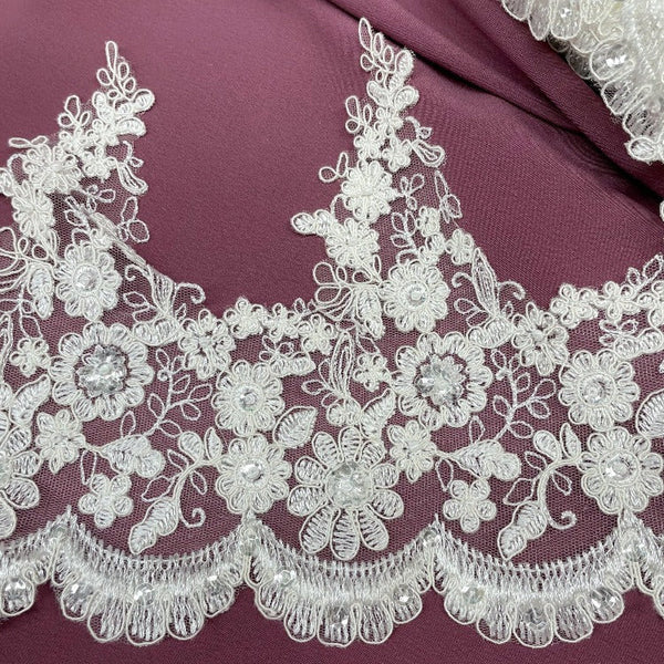 Beaded & Corded Lace Trimming Embroidered on 100% Polyester Net Mesh | Lace USA - 97016W-BP