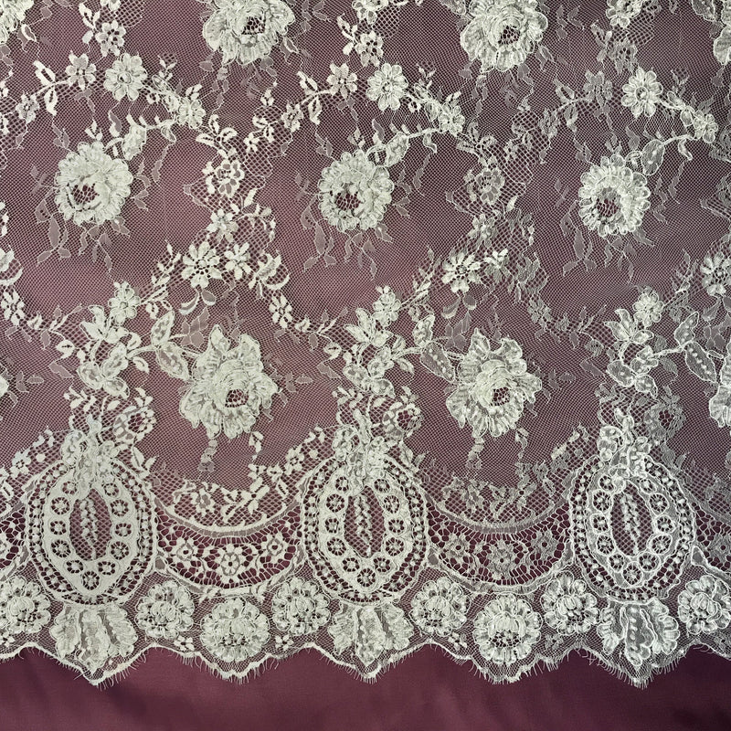 3 Yards Precut Beaded & Corded Chantilly Floral Lace Fabric Embroidered on 100% Polyester Net Mesh | Lace USA - 97143W-BP