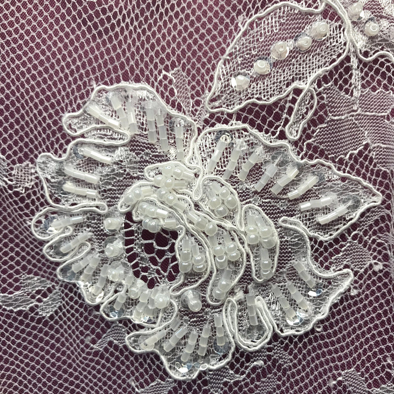 3 Yards Precut Beaded & Corded Chantilly Floral Lace Fabric Embroidered on 100% Polyester Net Mesh | Lace USA - 97143W-BP